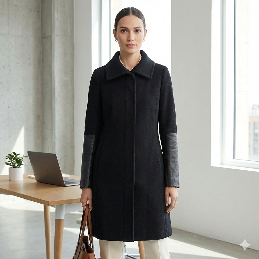 Club Monaco black Italian wool coat with leather sleeves - XS
